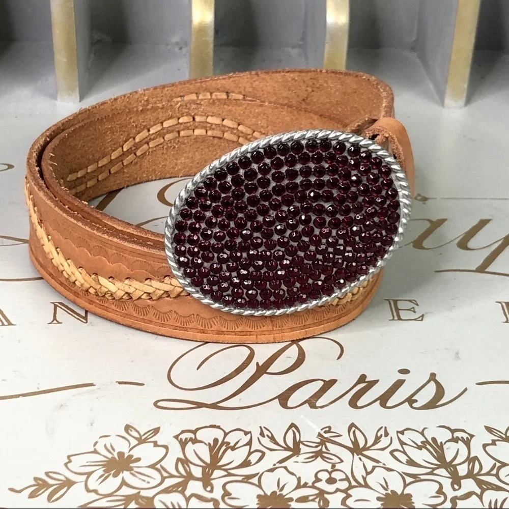 RED rhinestone tan leather woven belt